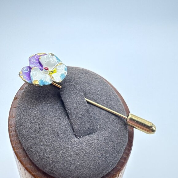 VTG Gold Tone Purple Blue & White Enamel Flower Stick Pin Size 2" Length - Picture 2 of 10